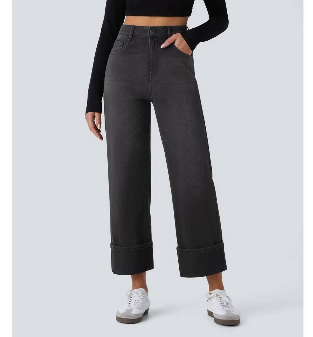 HALARA Rolled Hem Wide Leg Stretchy Relaxed Jeans Deep Ink Black Sz L Reg {3C14}